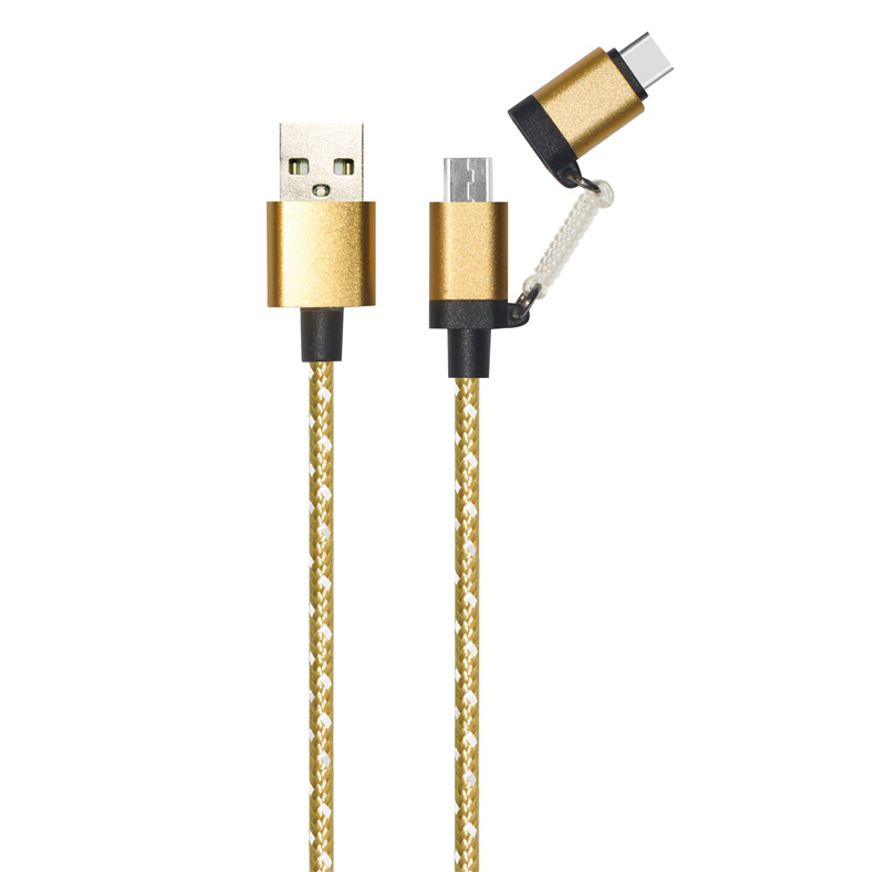 2 in 1 Fabric Braided Micro USB to Type-C USB Cable with Metal Connectors PQT19