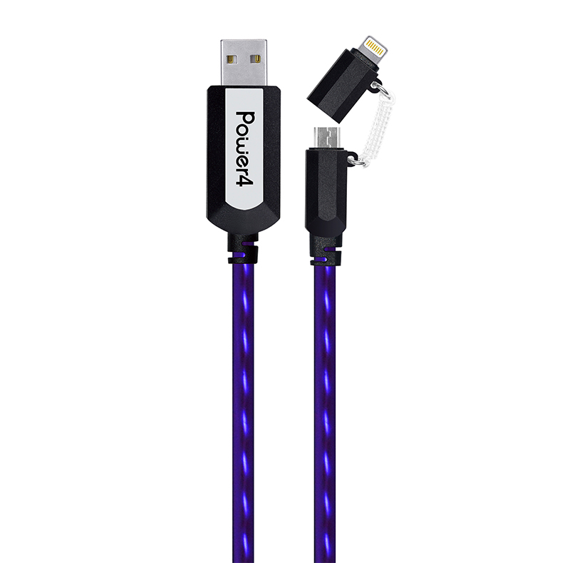 2 in 1 EL Visible 8 Pin Lightning To Micro USB Flowing Flat Cable LDF003