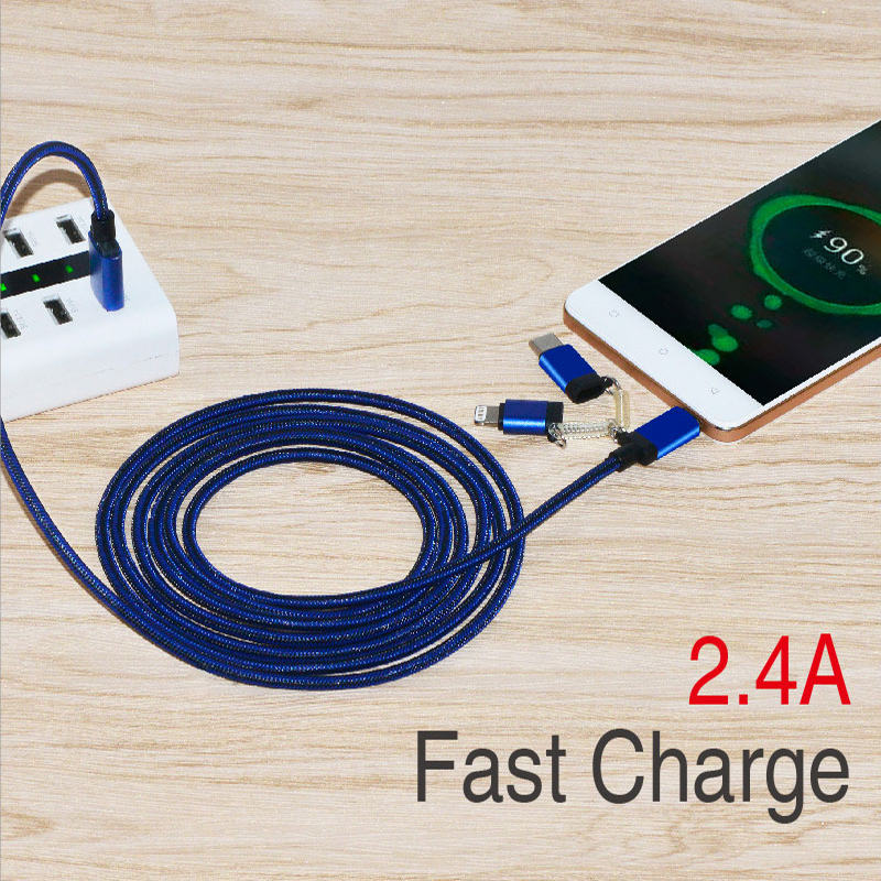 3 in 1 Type -C /Lightning /Micro USB Phone Charger Charging Cable for Apple iPone and Android device