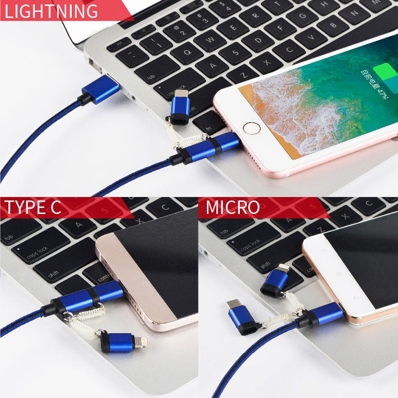 3 in 1 Type -C /Lightning /Micro USB Phone Charger Charging Cable for Apple iPone and Android device