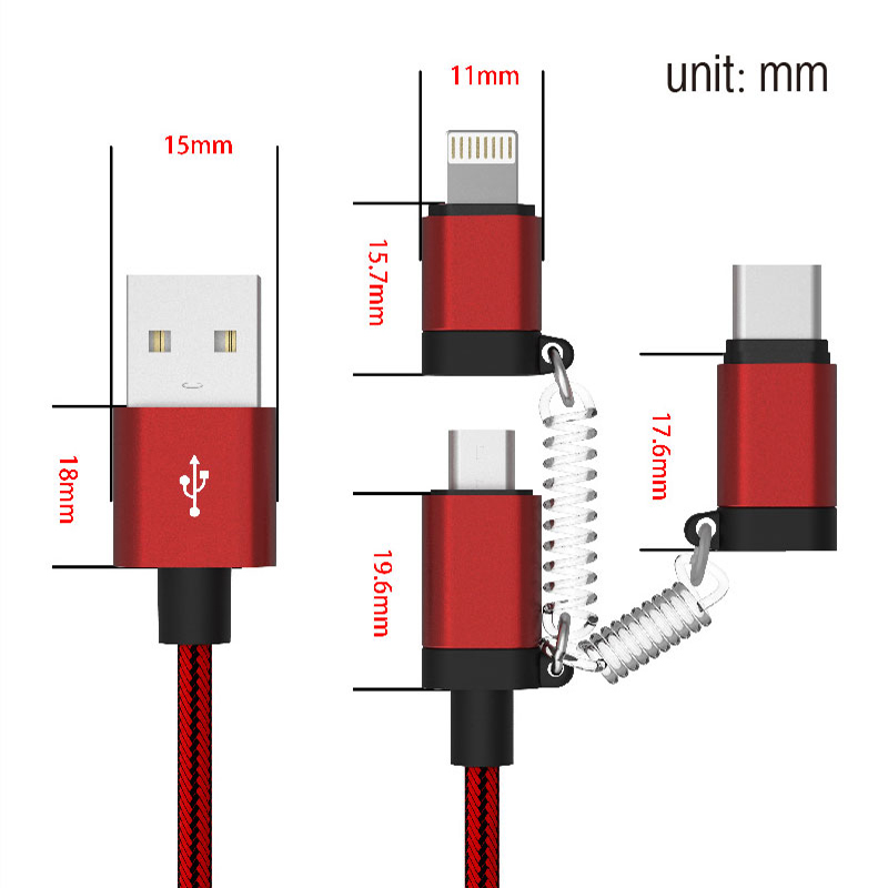 3 in 1 Type -C /Lightning /Micro USB Phone Charger Charging Cable for Apple iPone and Android device