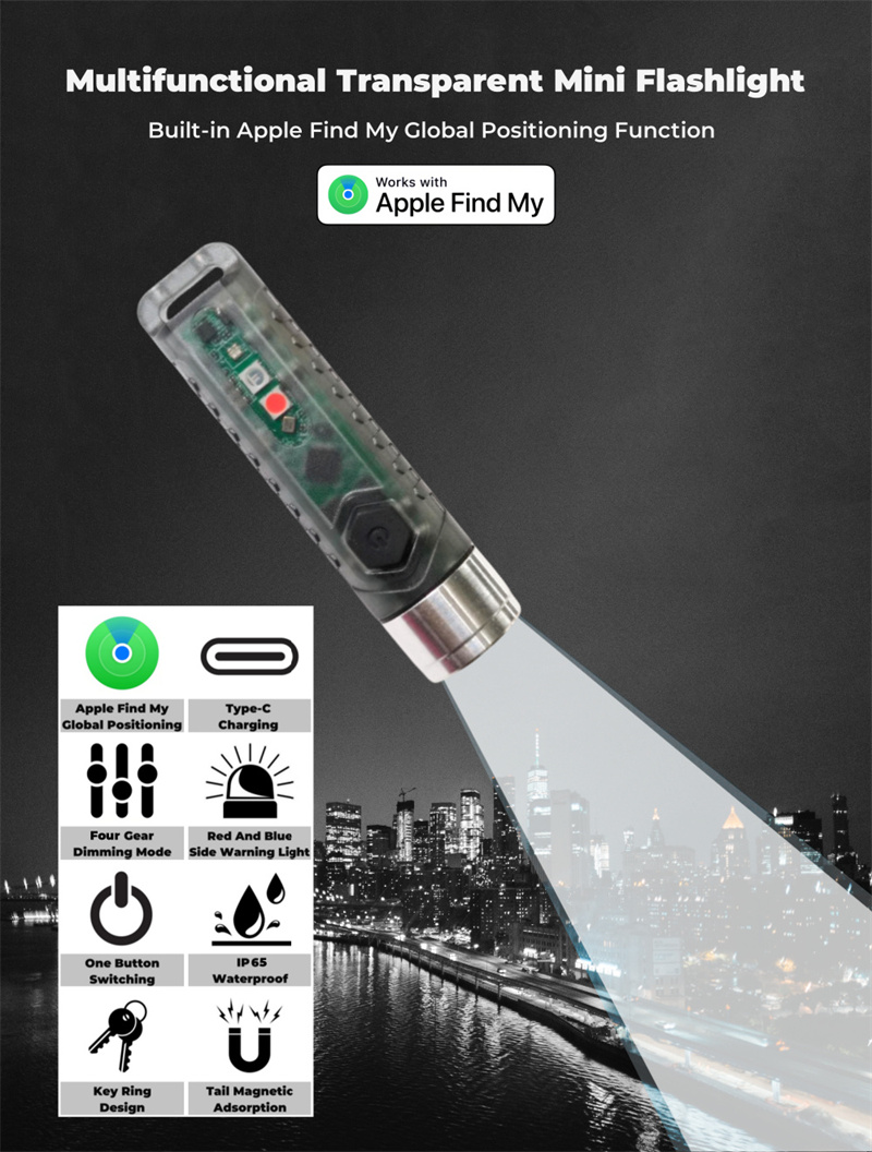 Find My Locator multifunctional Mini Led KeyChain Small Pocket Type-C USB Rechargeable Flashlight 