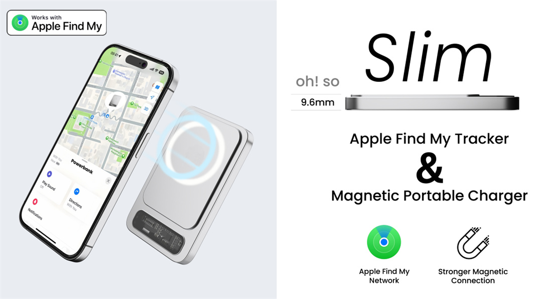 Slim Magnetic Wireless Portable Charger Finder Powerbank Tracker Works with Apple Find My (iOS Only) 